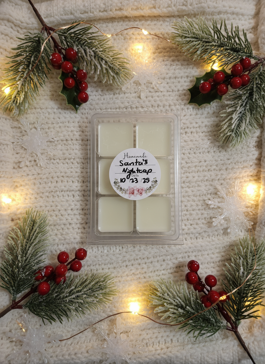 Santa's Nightcap wax melts with Christmas background