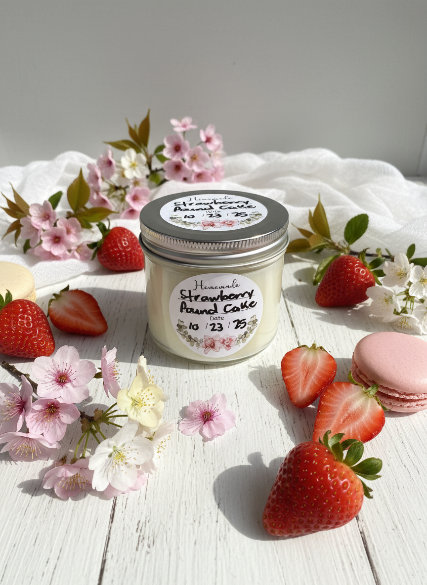Strawberry Pound Cake candle with spring background